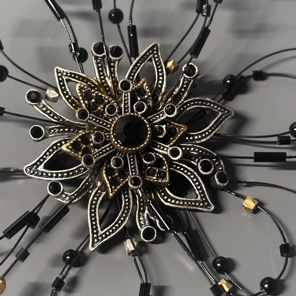 Large Statement Flower Starburst Brooch Pin Black Rhinestone Beaded Silver Tone - Picture 6 of 12